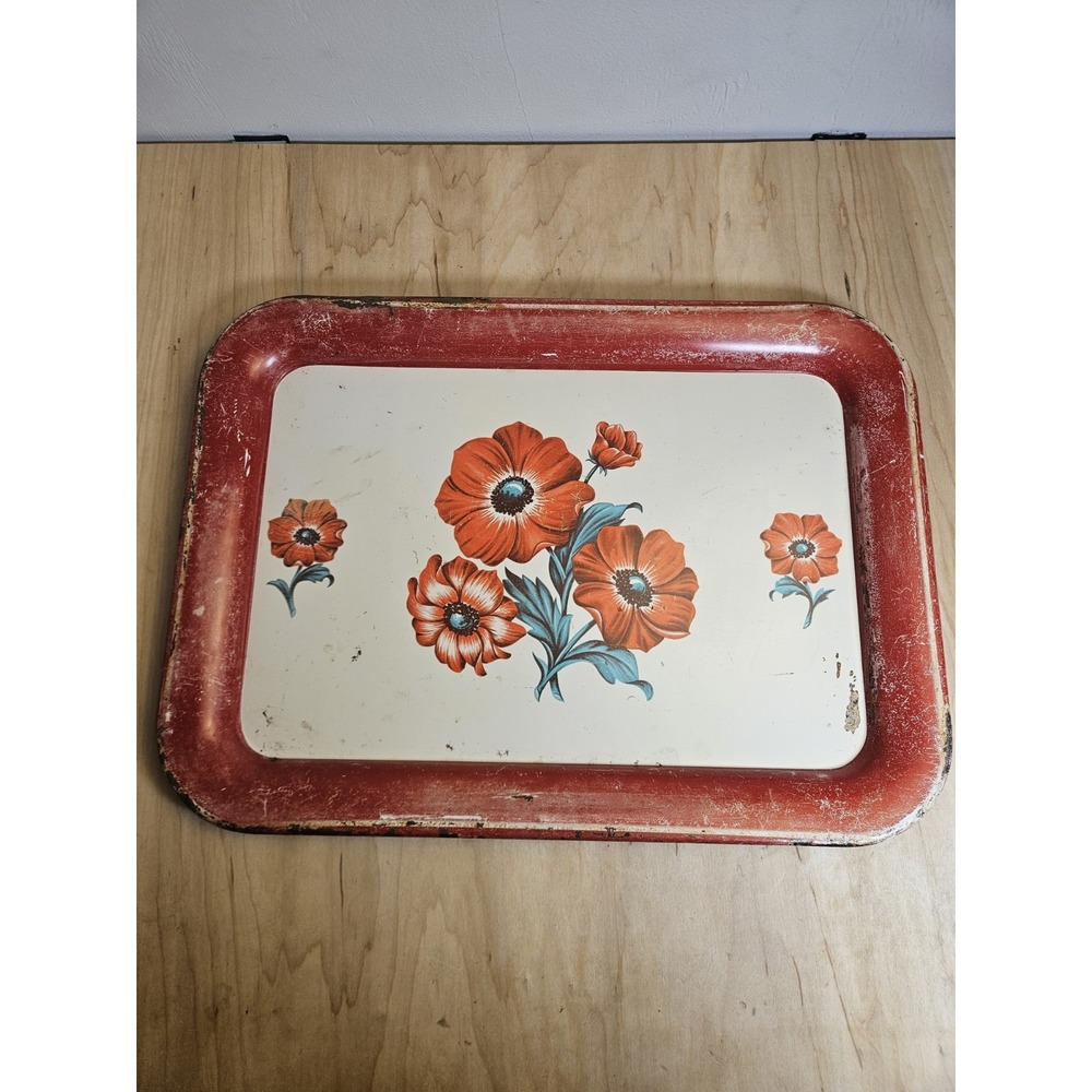 Vintage Metal TV Snack Tray Red Poppy Floral Lithograph Distressed